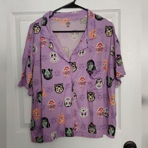 Purple Women's Button-up Shirt With Vintage Halloween Mask Print